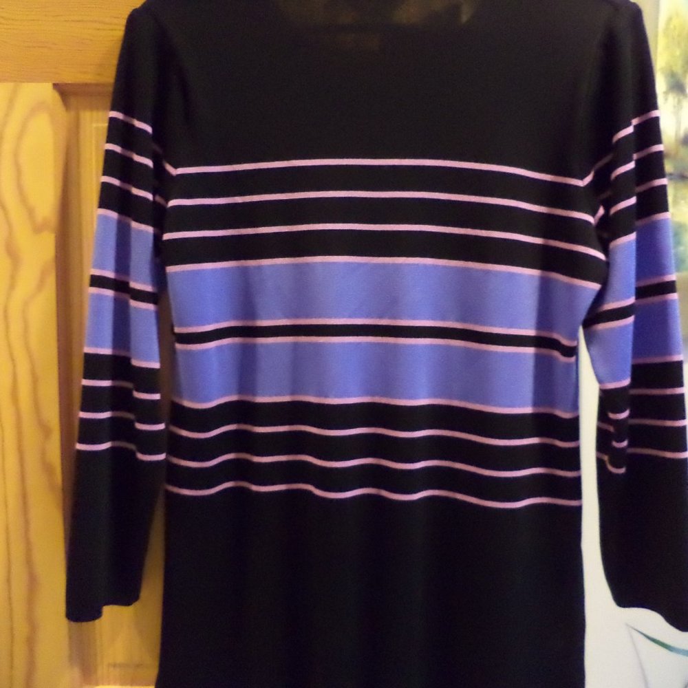 Misook Woman's Blouse Top- V-Neck Shirt~Black with Pink + Purple Stripes ~Large - Picture 5 of 5